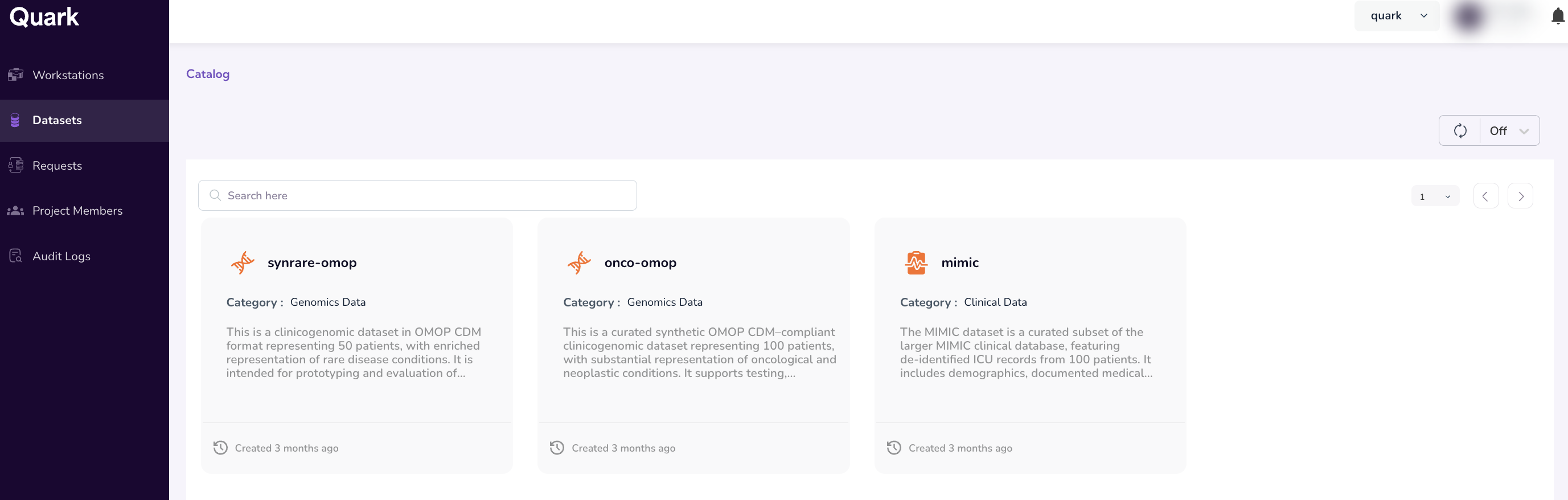 Datasets dashboard