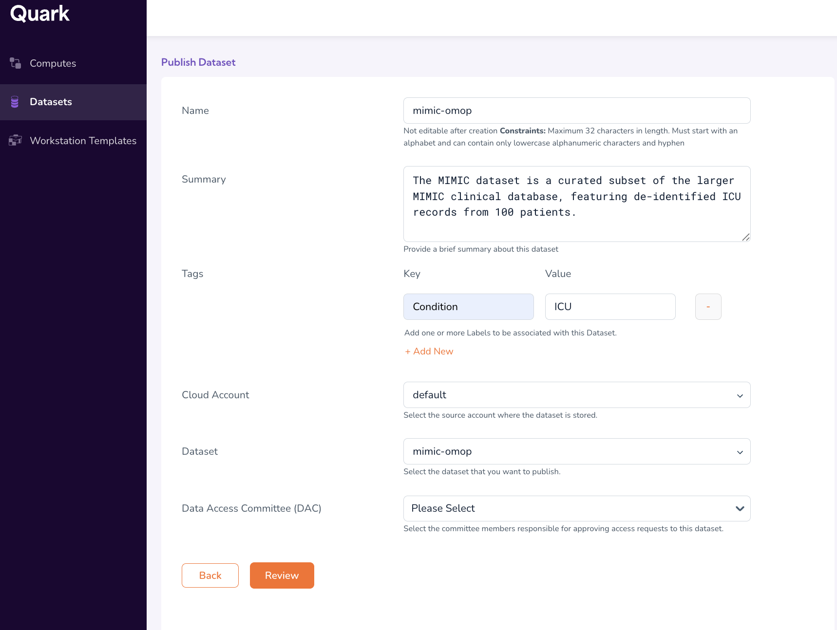 Publish Dataset form