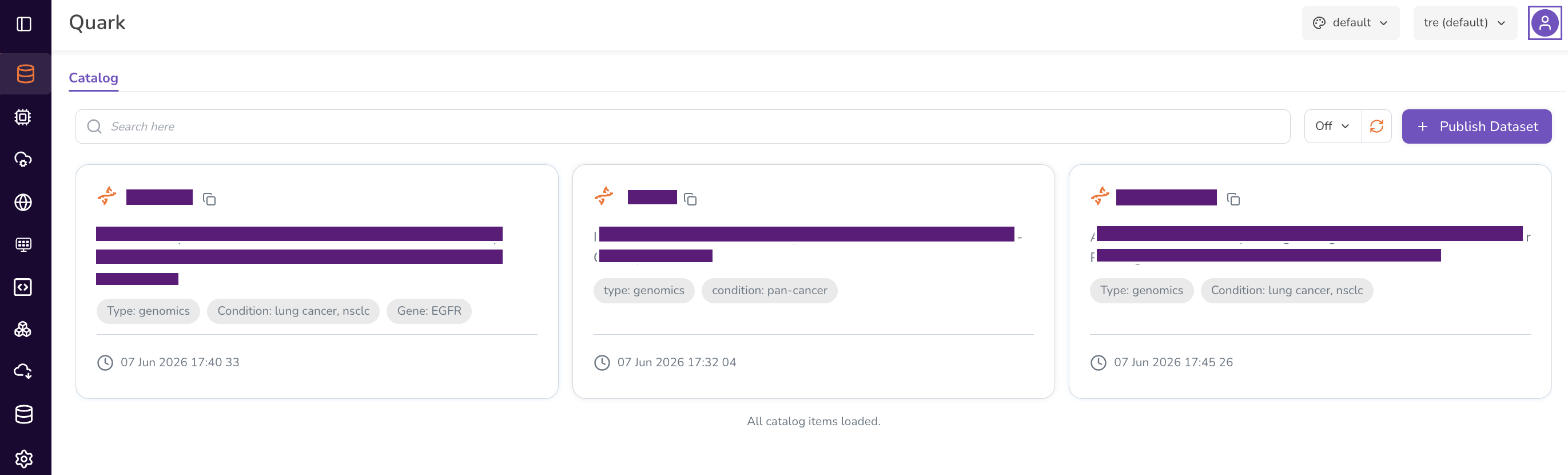 Screenshot: Datasets dashboard listing previously published datasets with status and connected cloud accounts