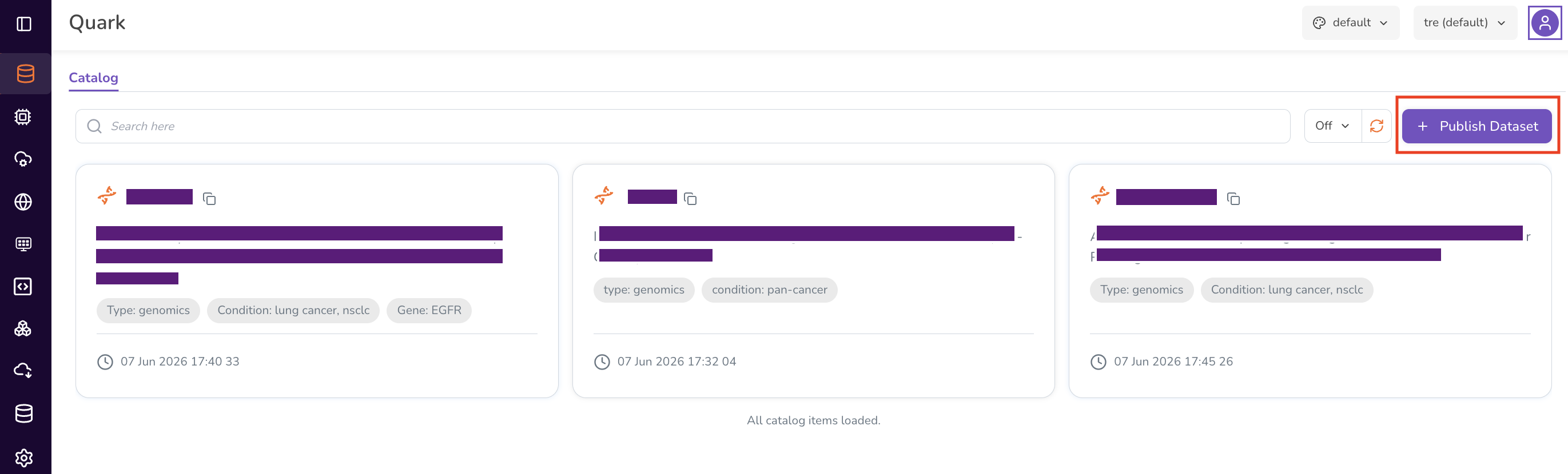 Screenshot: Datasets dashboard listing previously published datasets with status and connected cloud accounts