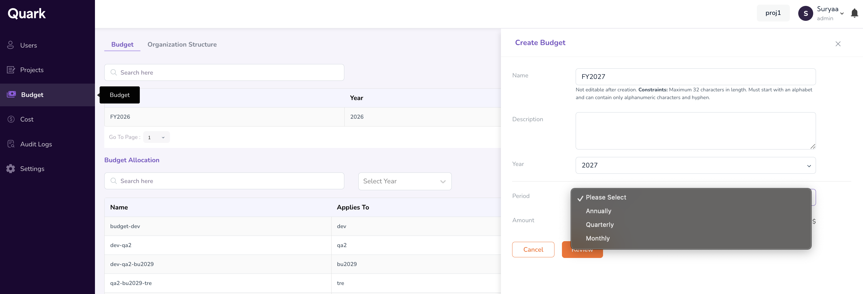 Create Budget form