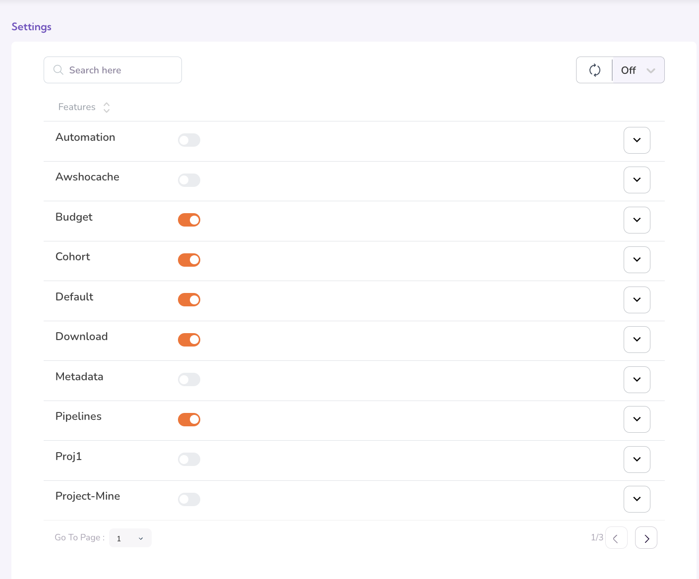 Settings dashboard