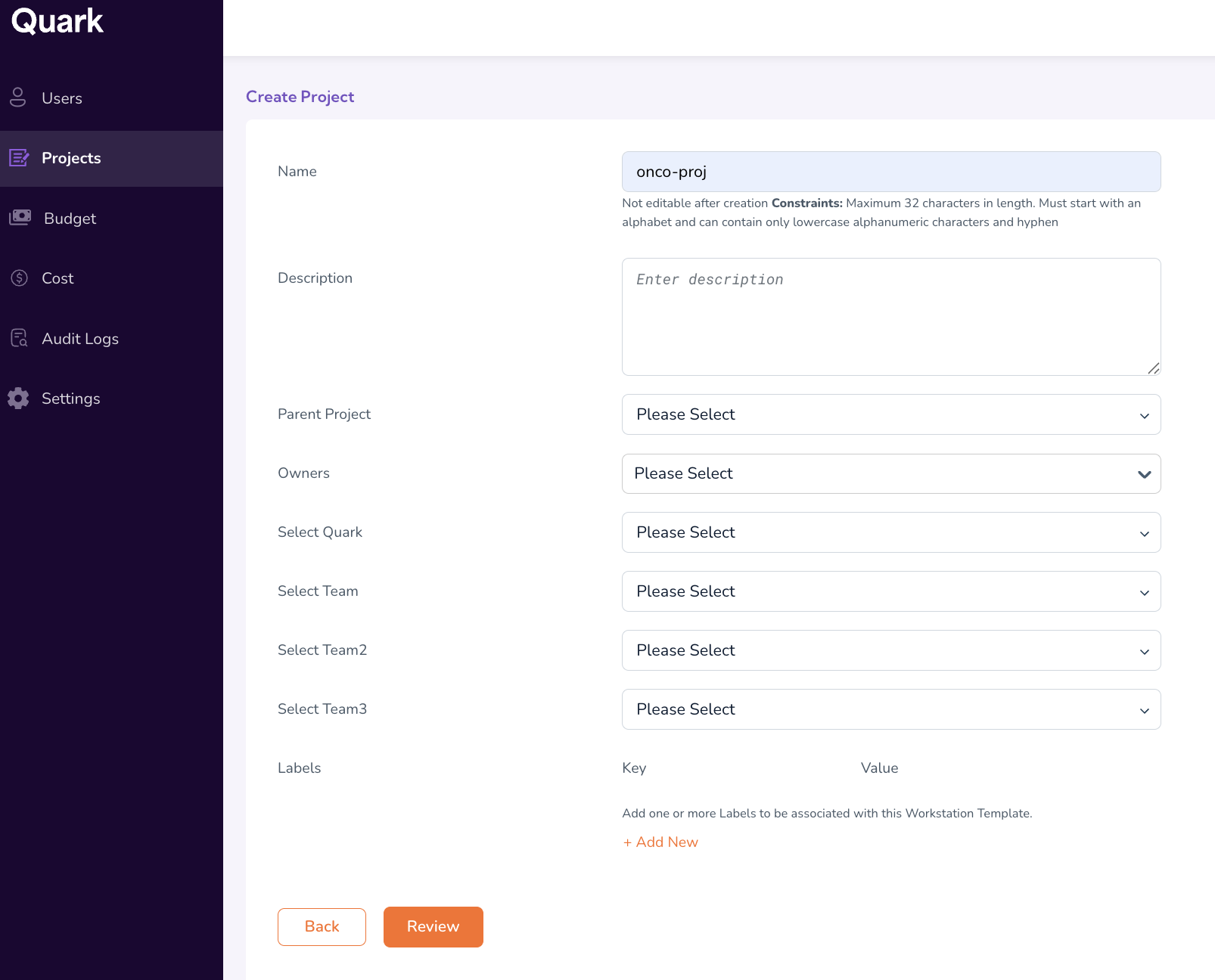 Create Project form