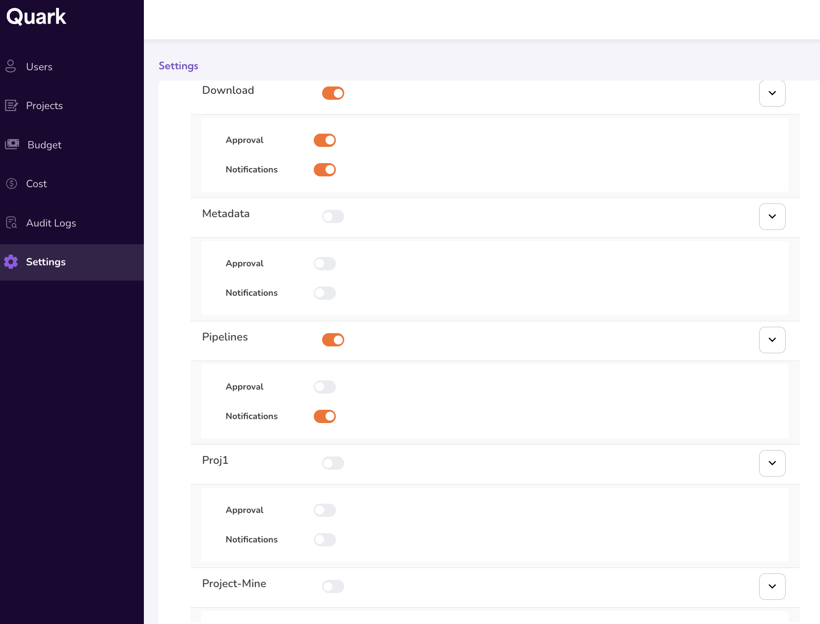 Settings dashboard