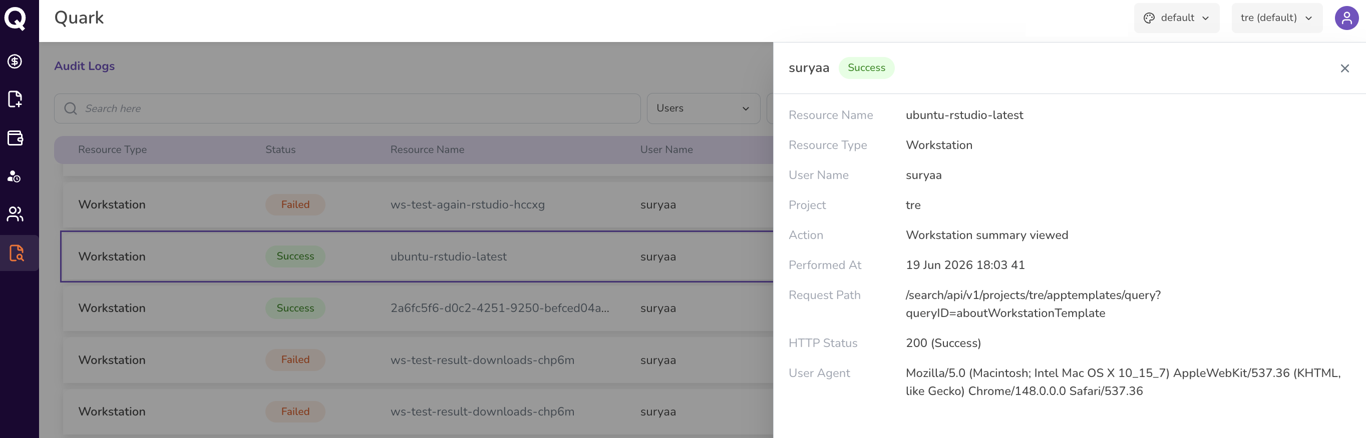 Screenshot: Audit log entry detail panel