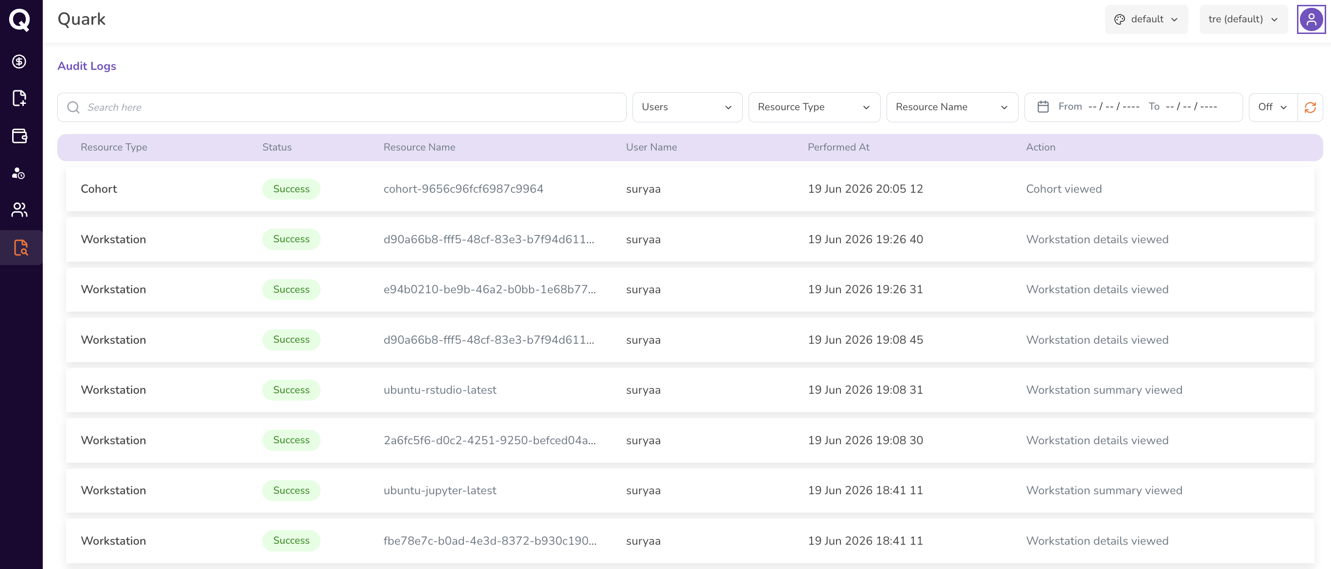 Screenshot: Audit Logs landing page showing the full log in reverse chronological order with columns for Resource Type, Status, Resource Name, User Name, Performed At, and Action