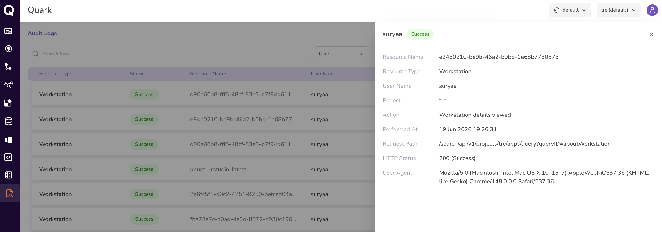 Screenshot: Audit log entry detail view showing all fields including Resource Name, Username, Performed Action, Timestamp, and HTTP Status