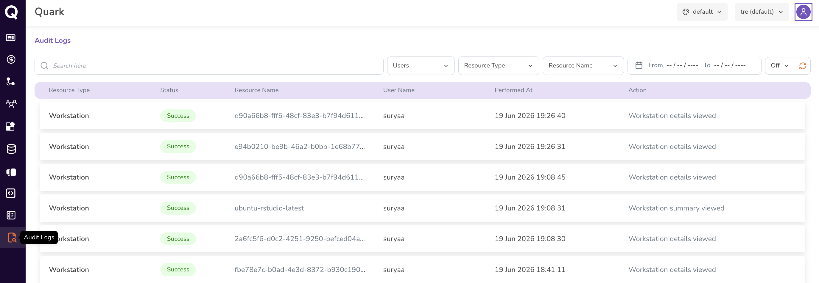 Screenshot: Audit Logs dashboard