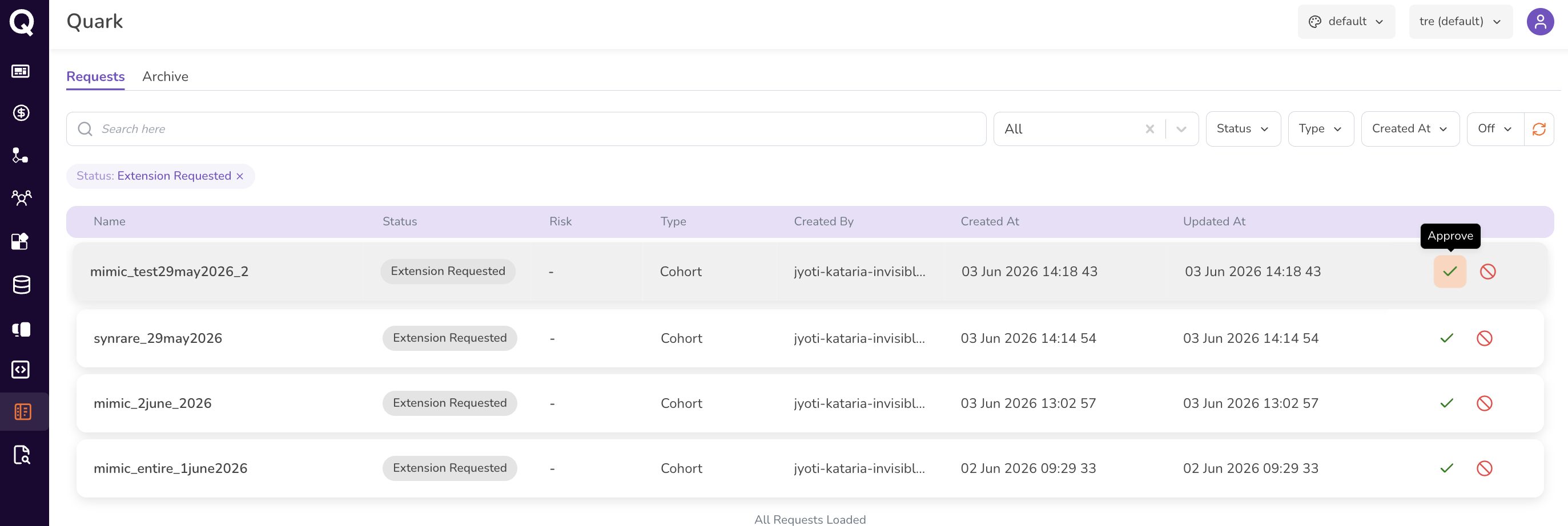 Screenshot: Requests list with the Approve tooltip visible on the green checkmark icon for a row