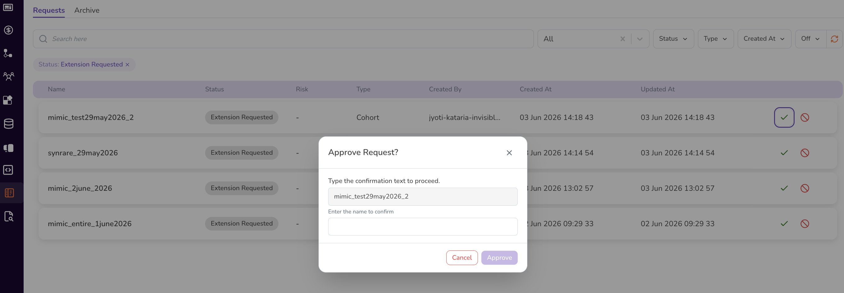 Screenshot: Approve Request confirmation dialog asking the administrator to type the request name to confirm
