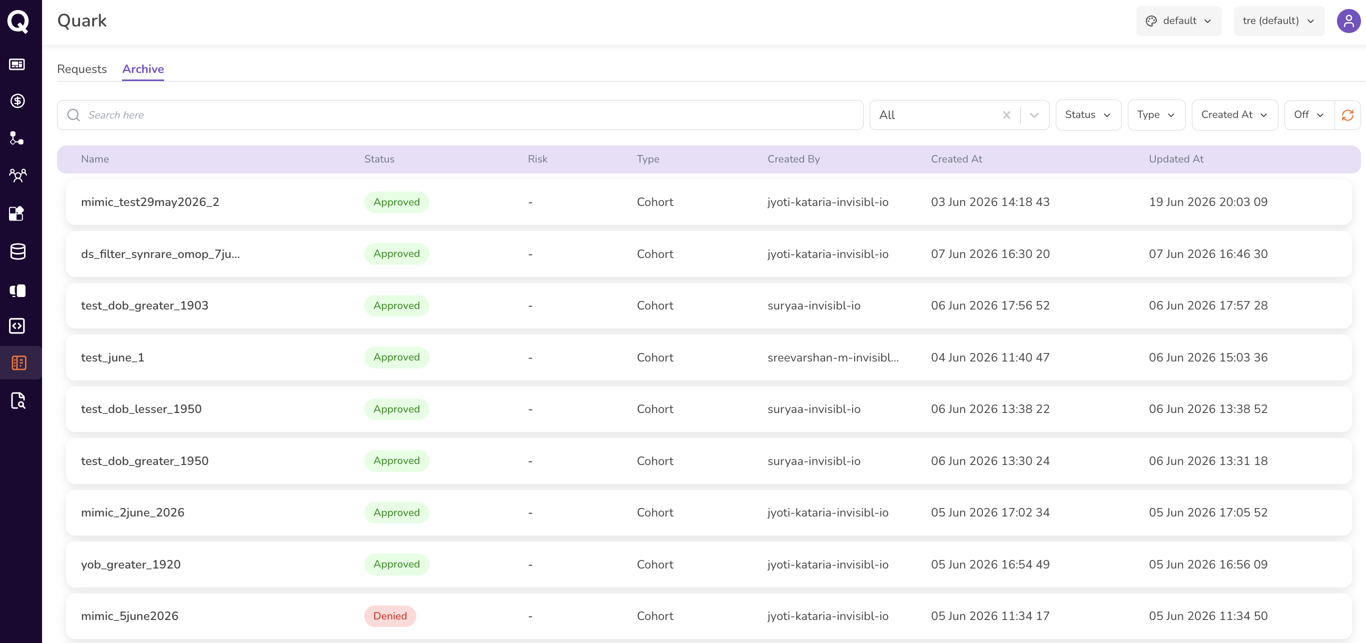 Screenshot: Archive tab showing resolved requests with Approved and Denied statuses