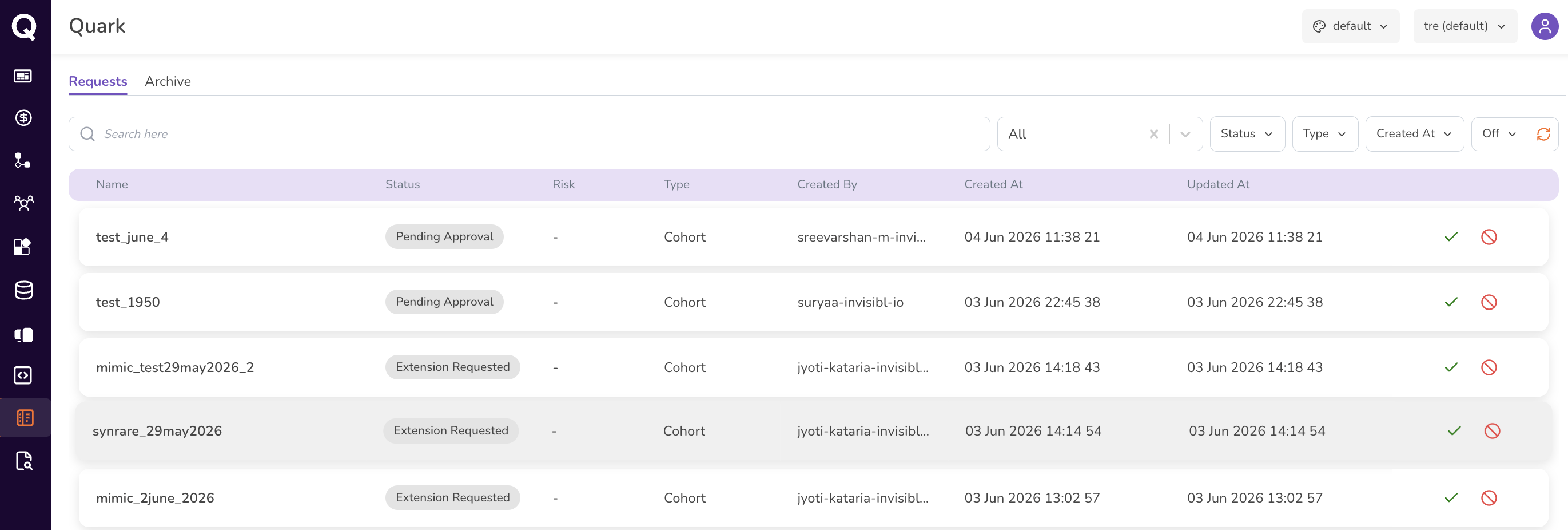 Screenshot: Requests landing page showing the active queue with columns for Name, Status, Risk, Type, Created By, Created At, and Updated At