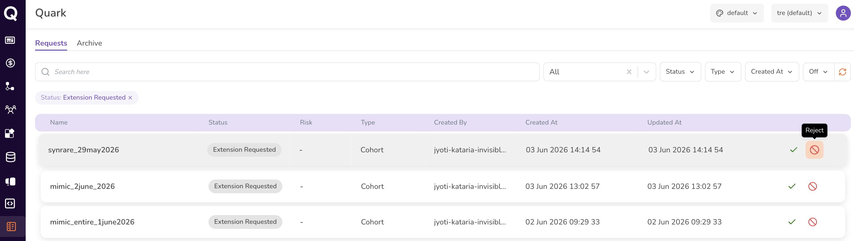 Screenshot: Reject Request confirmation dialog with the Reject tooltip visible and the confirmation text field