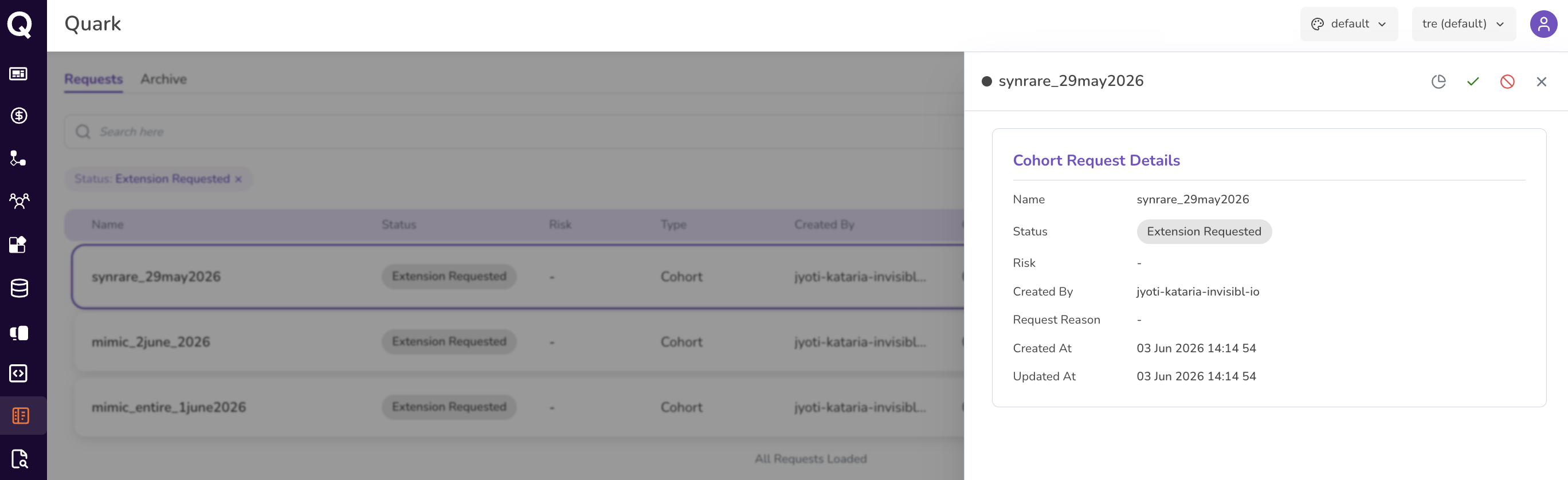 Screenshot: Cohort Request Details side panel showing Name, Status, Created By, Request Reason, Created At, and Updated At, with action icons in the header