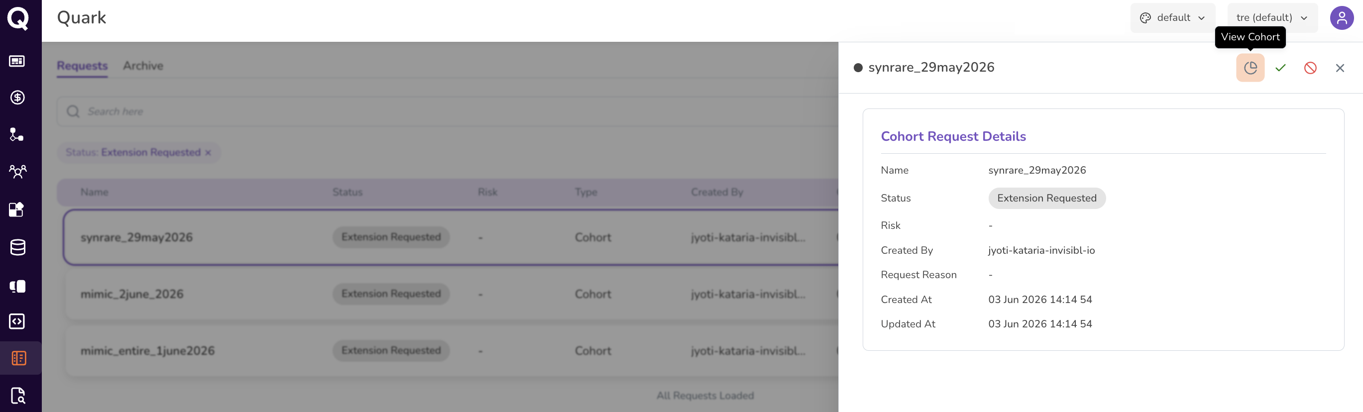 Screenshot: Cohort Request Details side panel showing View Cohort highlighted