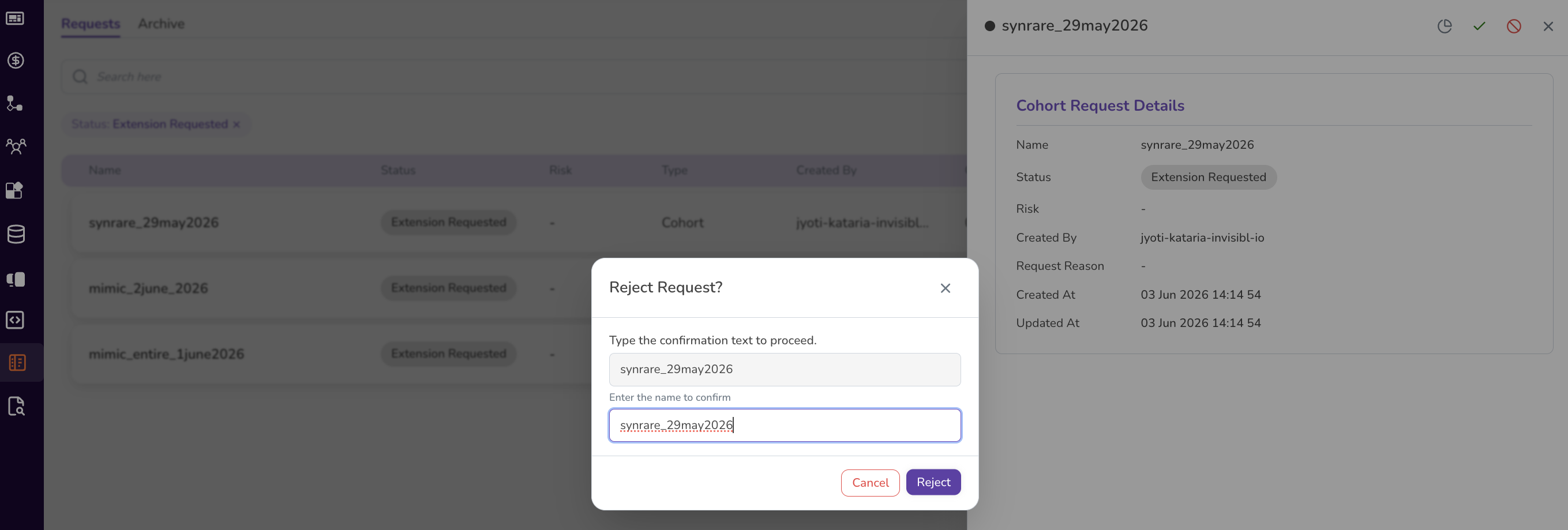Screenshot: Reject Request confirmation dialog asking the administrator to type the request name to confirm