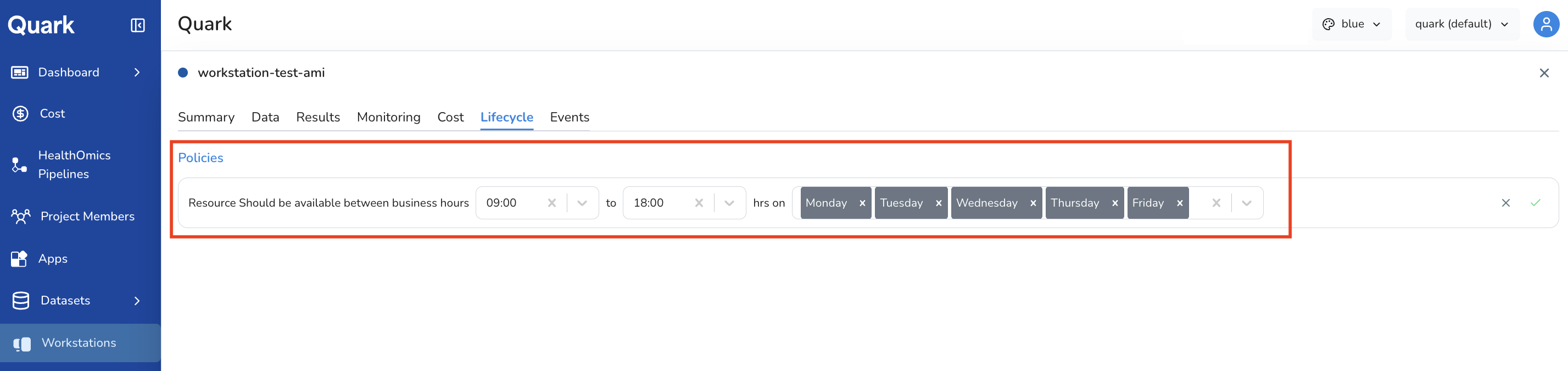 Screenshot: Workstation Lifecycle tab showing a policy that restricts availability to business hours on weekdays