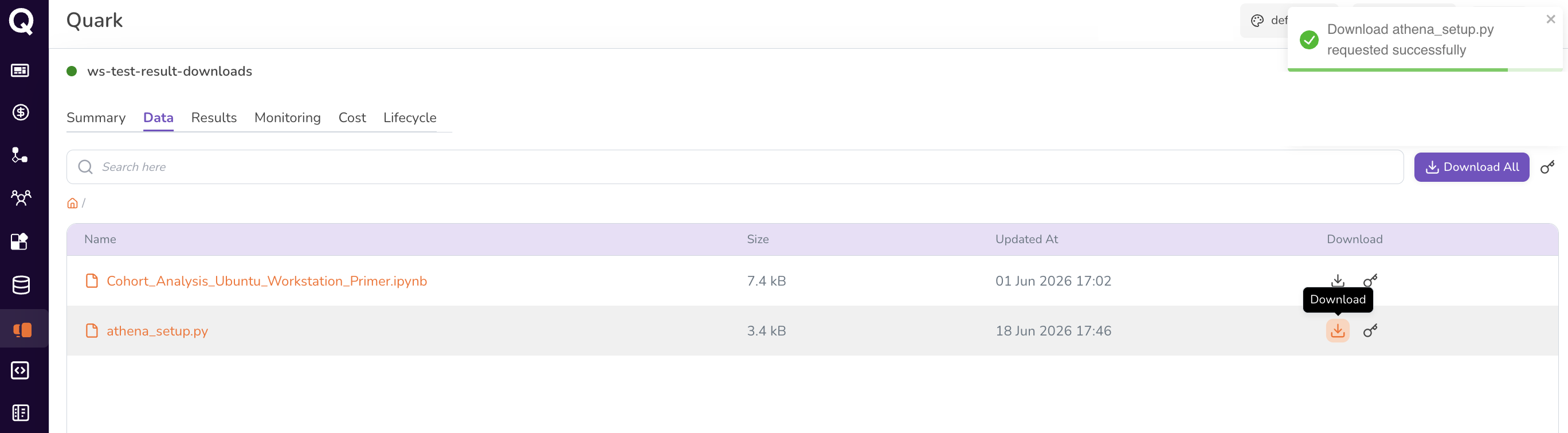 Screenshot: Workstation Data tab showing notification of download request