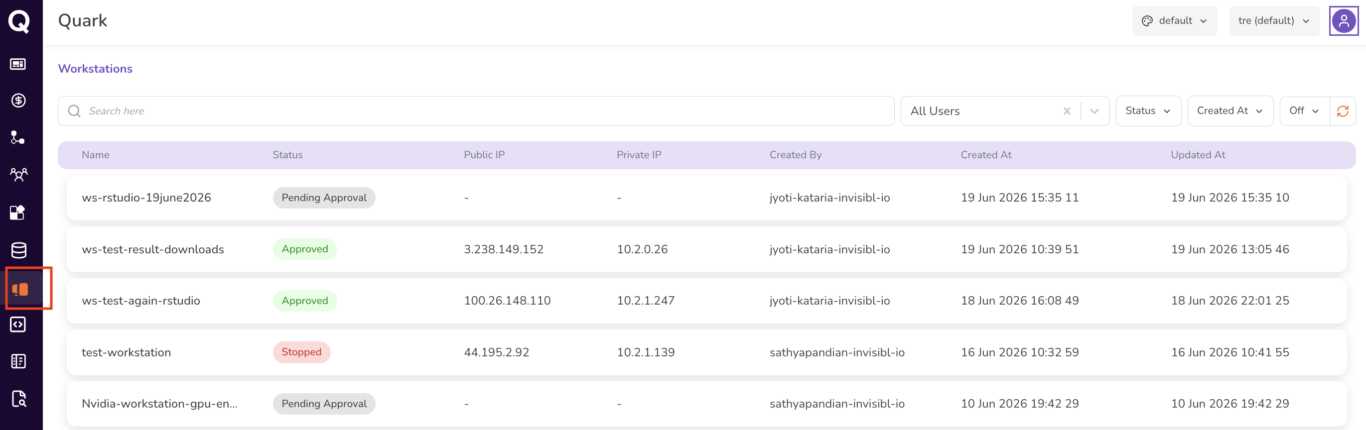 Screenshot: Workstations landing page showing the workstation list with status, IPs, and owner details