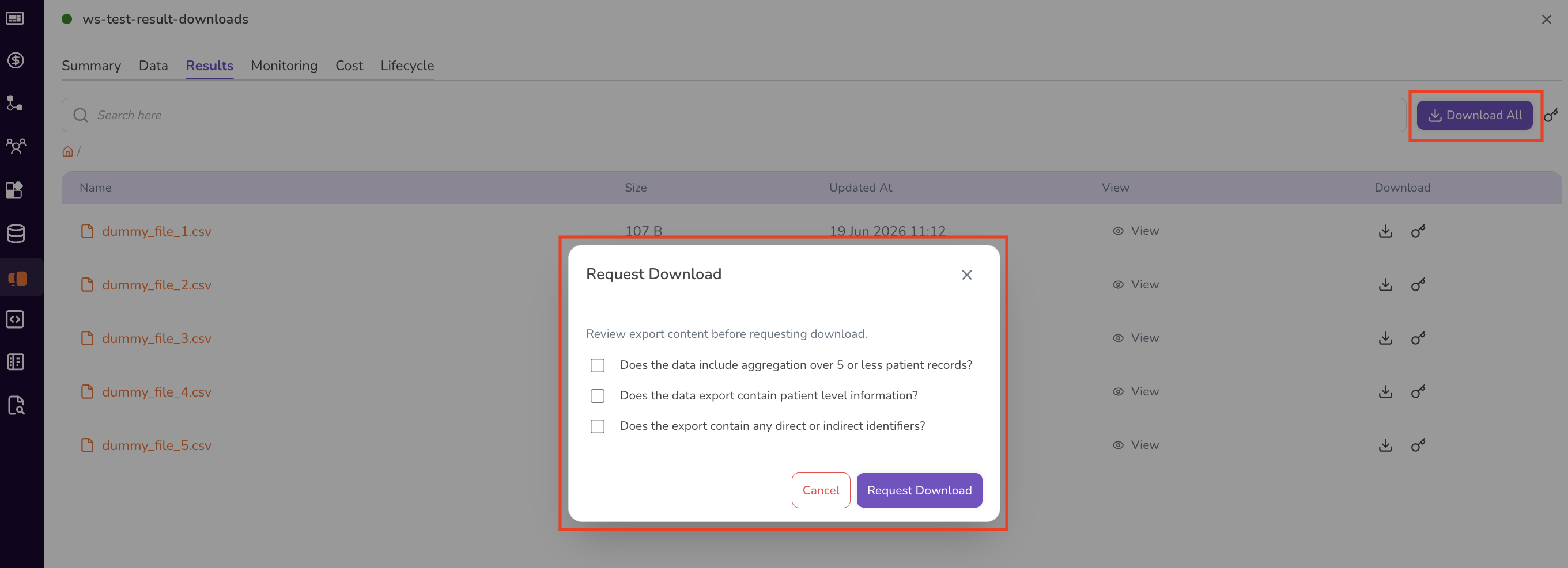 Screenshot: Workstation Results tab showing notification of download request