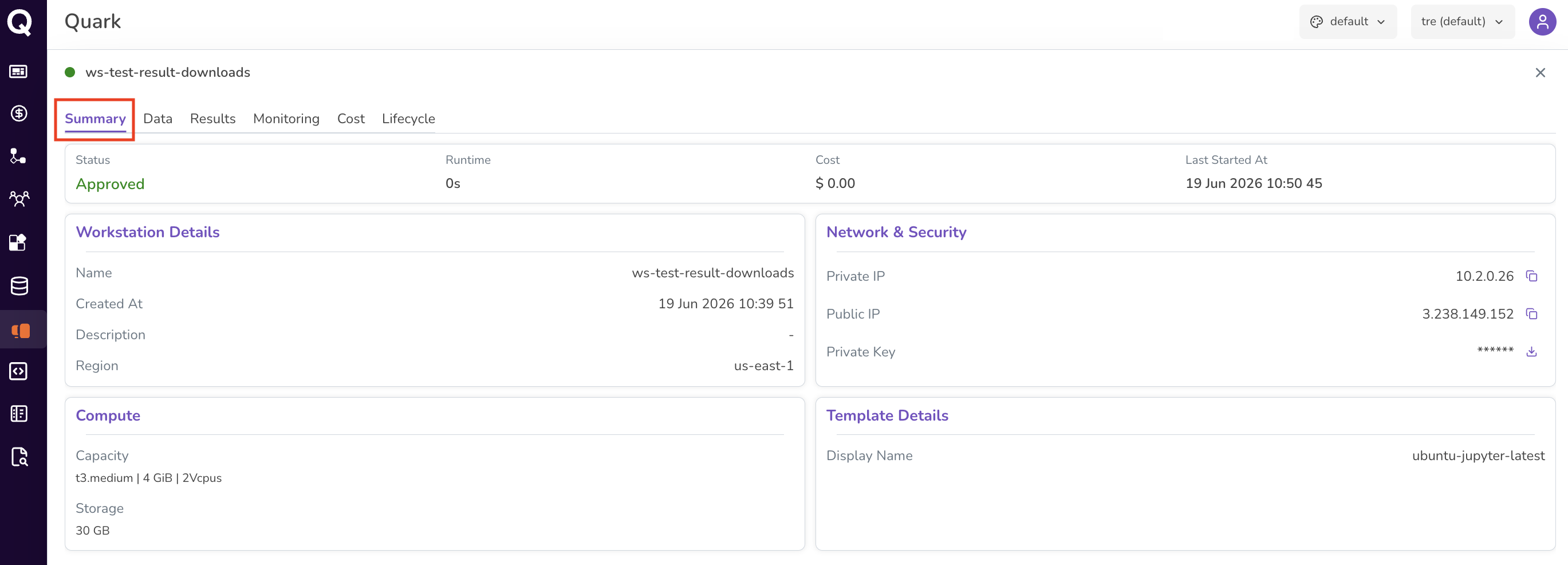 Screenshot: Workstation Summary tab showing Status, Runtime, Cost, Workstation Details, Network & Security, Compute, and Template Details