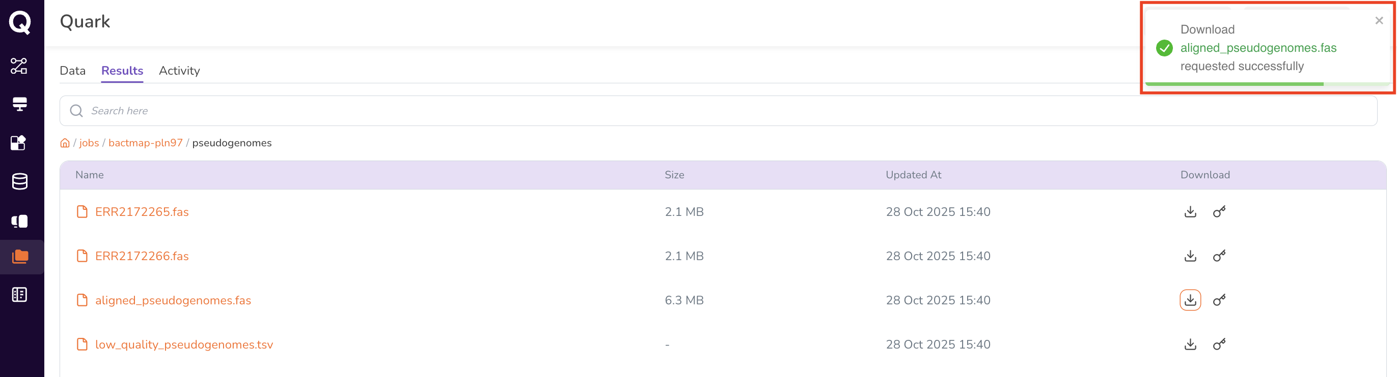 My Files Results download request