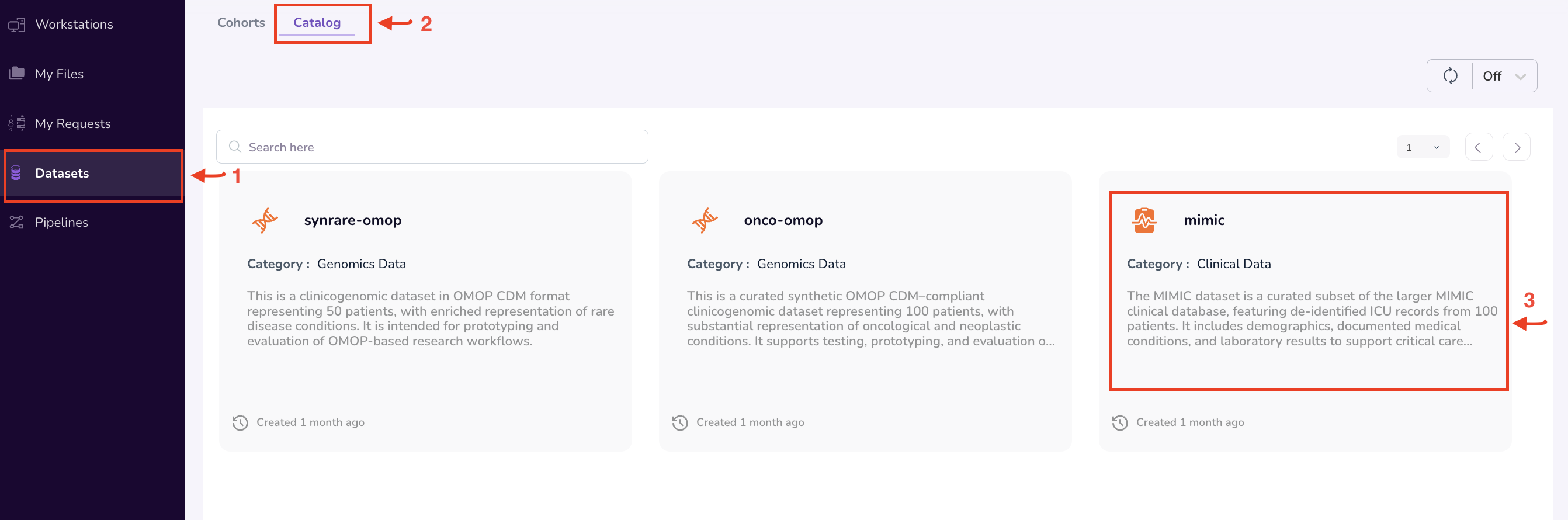 Data Catalog listing available datasets