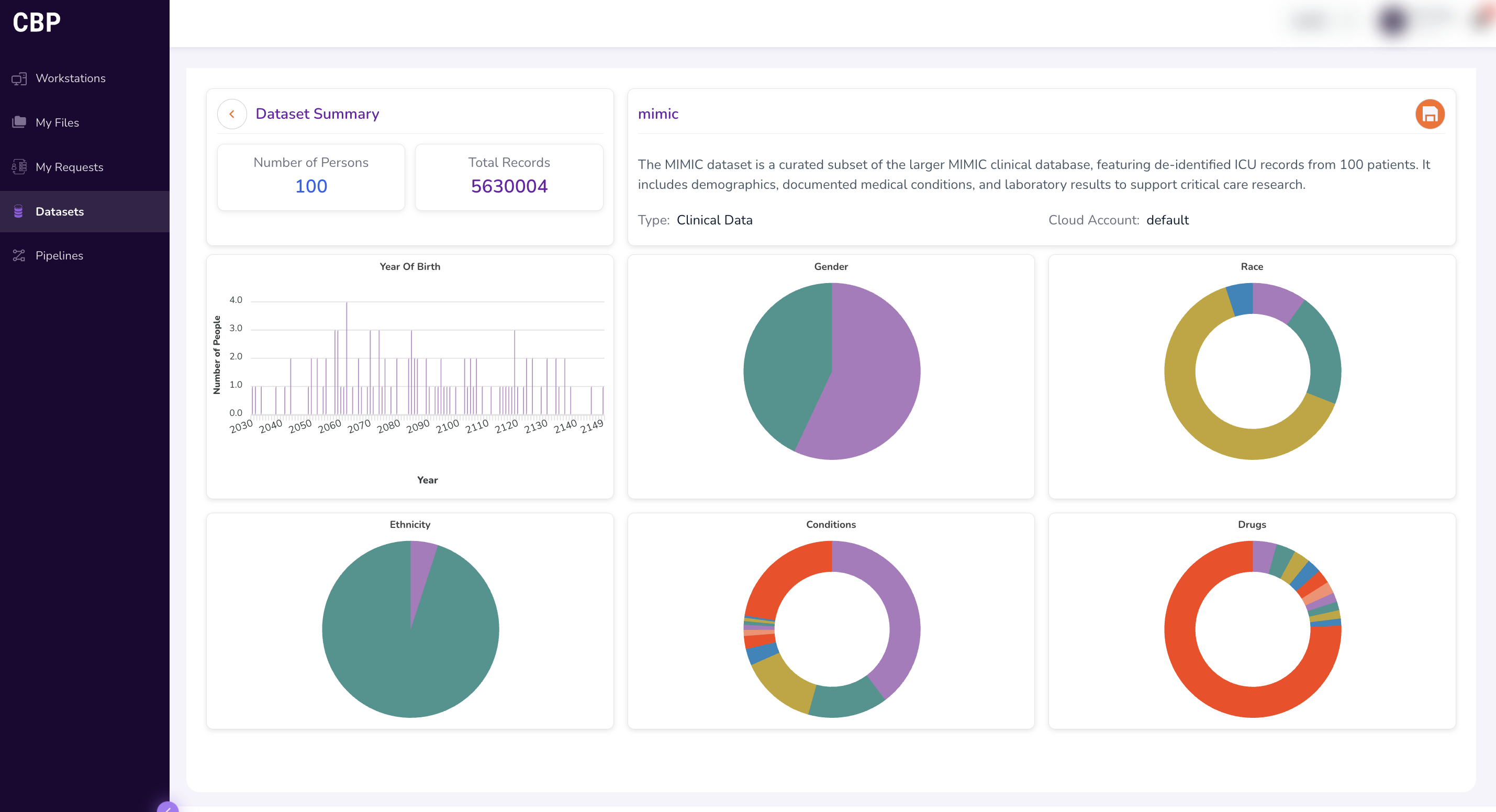 Dataset Summary dashboard showing aggregate statistics